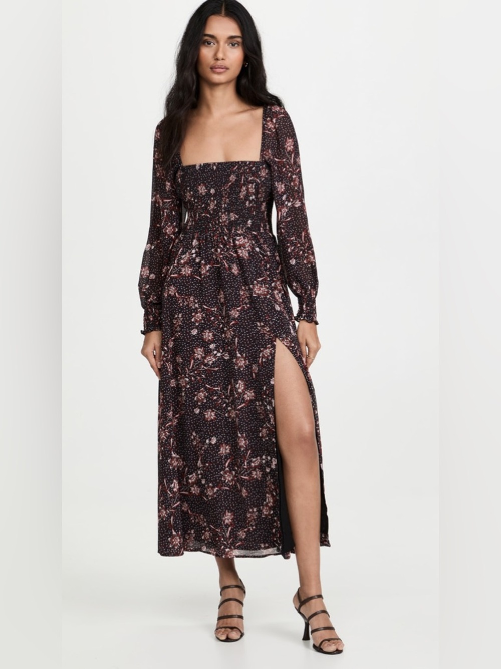 OPT Classic Floral Georgette Smocked Maxi Dress Thigh High Slit Size S